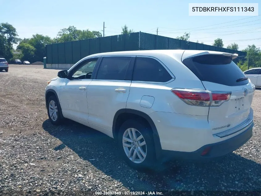 2015 Toyota Highlander Le V6 VIN: 5TDBKRFHXFS111343 Lot: 39897549