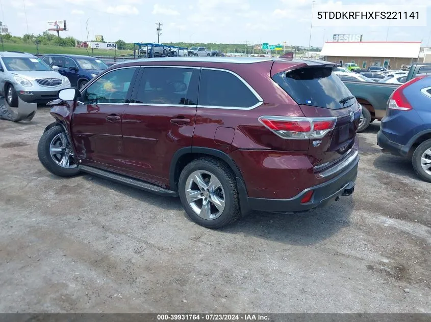 2015 Toyota Highlander Limited V6 VIN: 5TDDKRFHXFS221141 Lot: 39931764