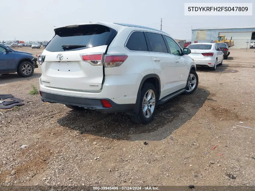 2015 Toyota Highlander Limited Platinum V6 VIN: 5TDYKRFH2FS047809 Lot: 39945495