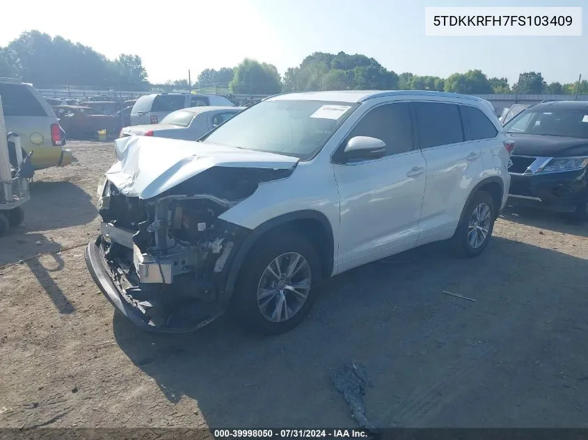 2015 Toyota Highlander Xle V6 VIN: 5TDKKRFH7FS103409 Lot: 39998050