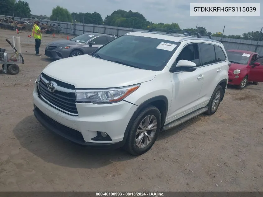 2015 Toyota Highlander Xle V6 VIN: 5TDKKRFH5FS115039 Lot: 40100993