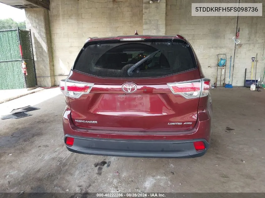 2015 Toyota Highlander Limited V6 VIN: 5TDDKRFH5FS098736 Lot: 40222286