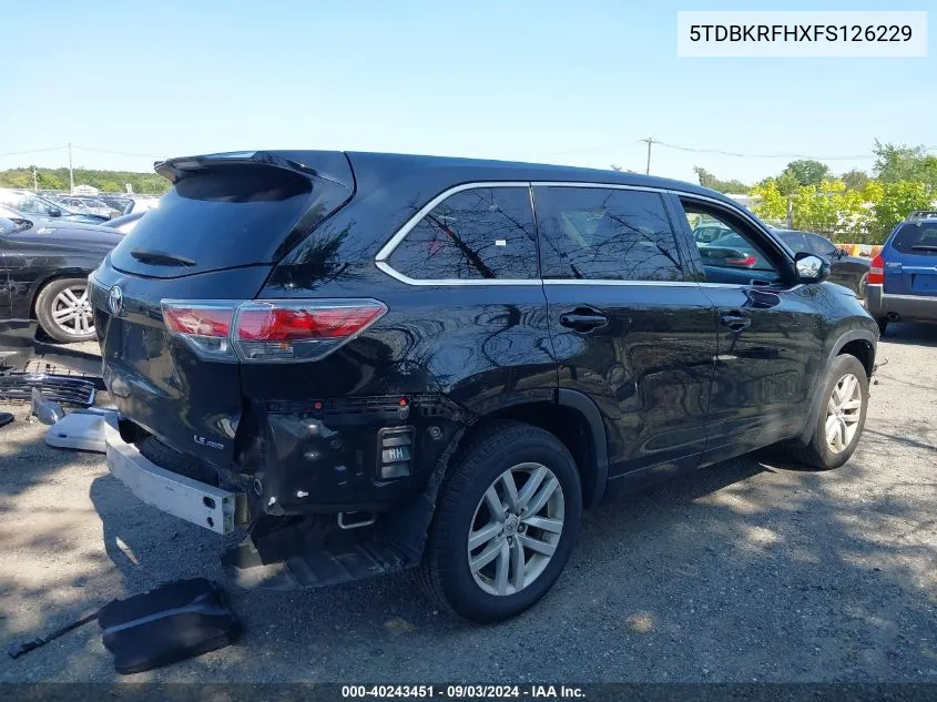 2015 Toyota Highlander Le V6 VIN: 5TDBKRFHXFS126229 Lot: 40243451