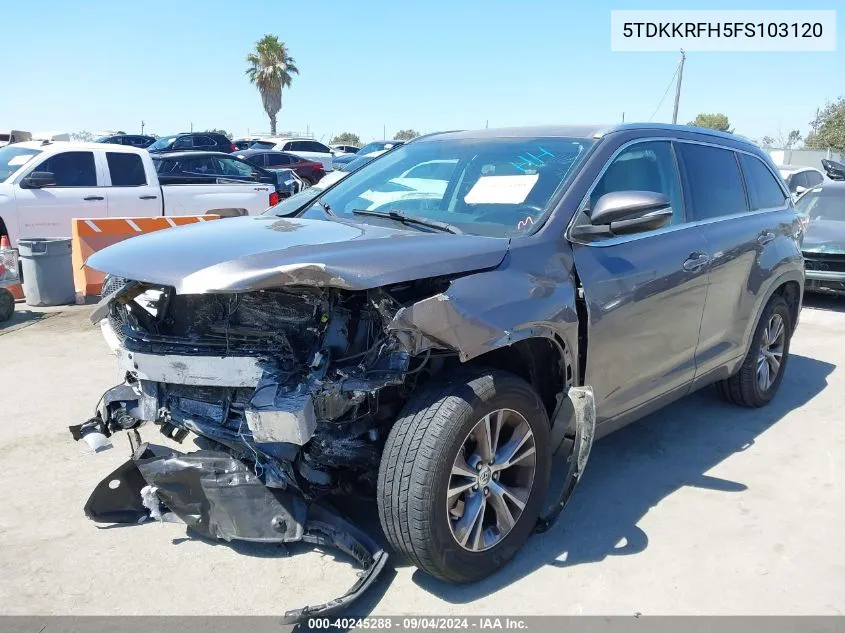 2015 Toyota Highlander Xle V6 VIN: 5TDKKRFH5FS103120 Lot: 40245288