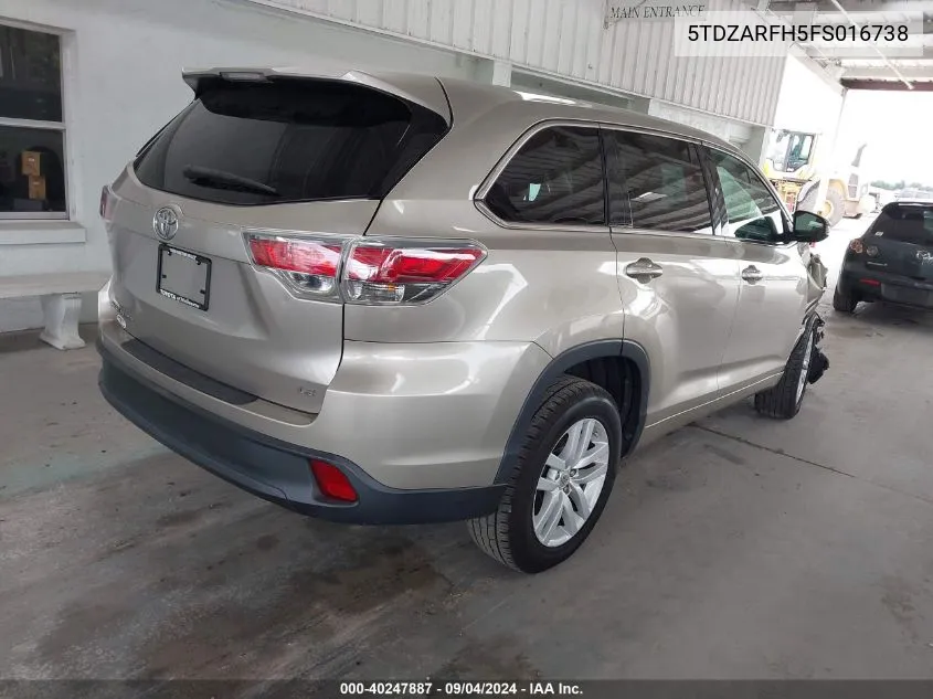 5TDZARFH5FS016738 2015 Toyota Highlander Le