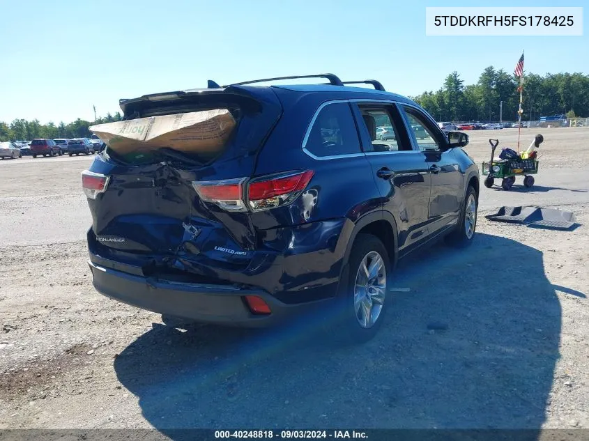 2015 Toyota Highlander Limited V6 VIN: 5TDDKRFH5FS178425 Lot: 40248818