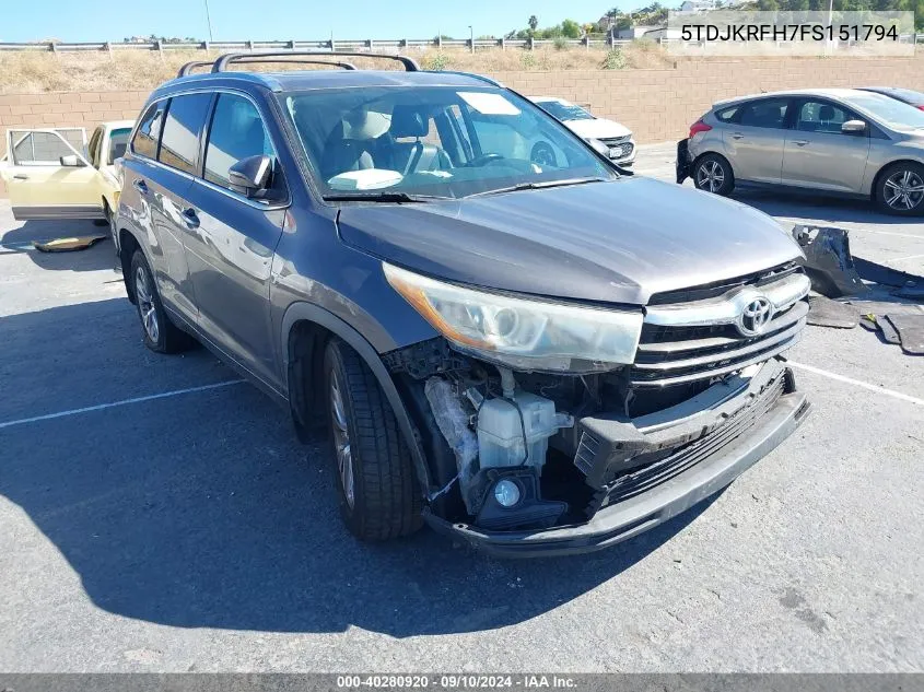 2015 Toyota Highlander Xle VIN: 5TDJKRFH7FS151794 Lot: 40280920