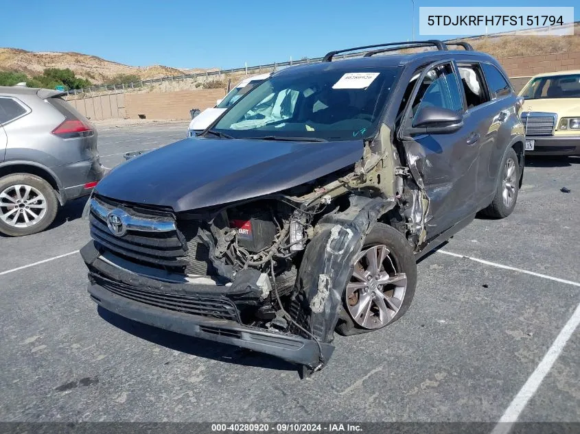 2015 Toyota Highlander Xle VIN: 5TDJKRFH7FS151794 Lot: 40280920