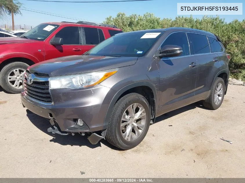 2015 Toyota Highlander Xle VIN: 5TDJKRFH5FS193445 Lot: 40283665