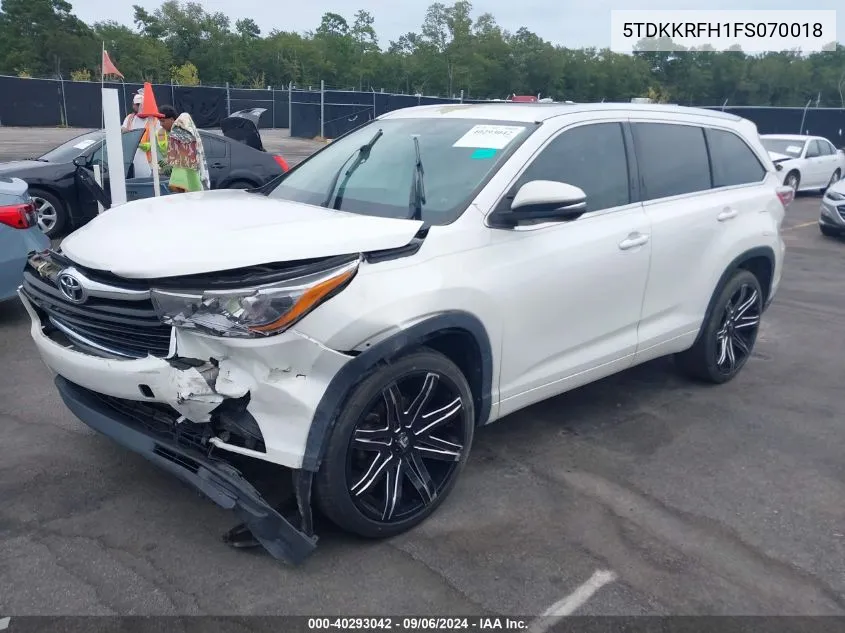 2015 Toyota Highlander Xle V6 VIN: 5TDKKRFH1FS070018 Lot: 40293042