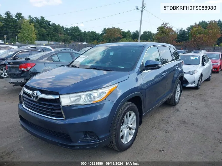 2015 Toyota Highlander Le V6 VIN: 5TDBKRFH0FS088980 Lot: 40321580