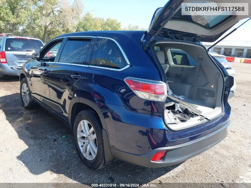 2015 Toyota Highlander Le V6 VIN: 5TDBKRFH4FS117588 Lot: 40331818