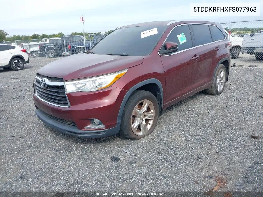 2015 Toyota Highlander Limited/Ltd Platinum VIN: 5TDDKRFHXFS077963 Lot: 40351992