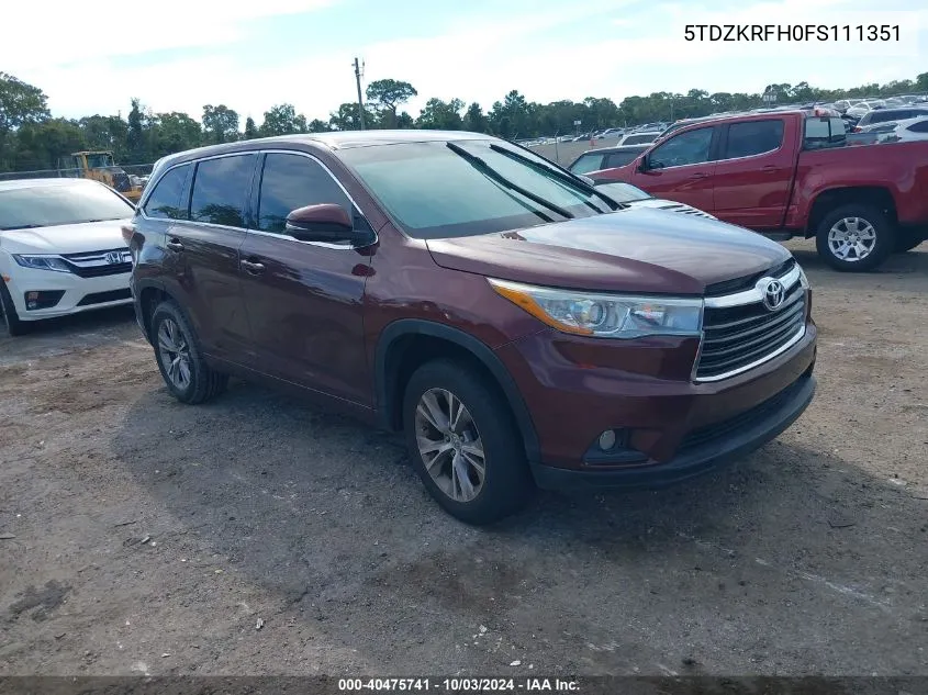 2015 Toyota Highlander Le/Le Plus VIN: 5TDZKRFH0FS111351 Lot: 40475741