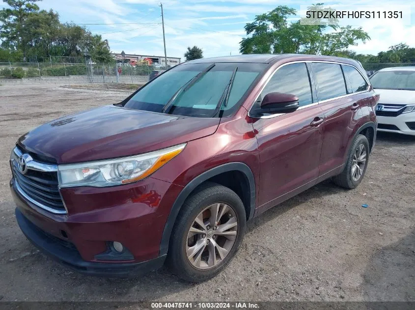 2015 Toyota Highlander Le/Le Plus VIN: 5TDZKRFH0FS111351 Lot: 40475741