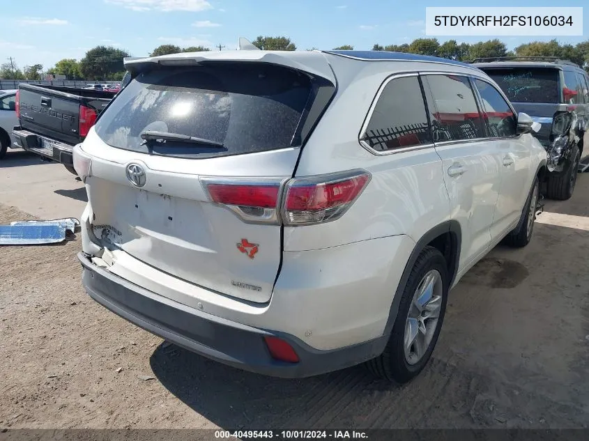 2015 Toyota Highlander Limited V6 VIN: 5TDYKRFH2FS106034 Lot: 40495443