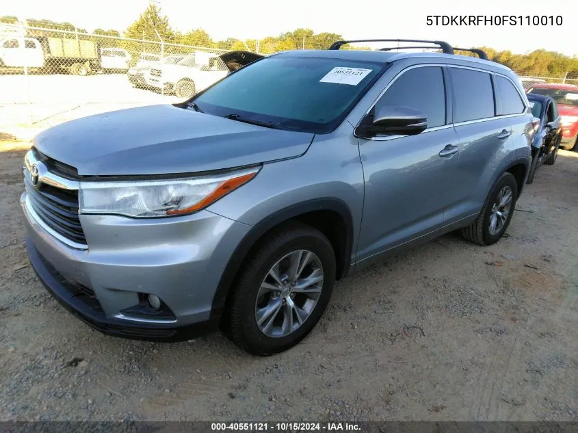 2015 Toyota Highlander Xle V6 VIN: 5TDKKRFH0FS110010 Lot: 40551121