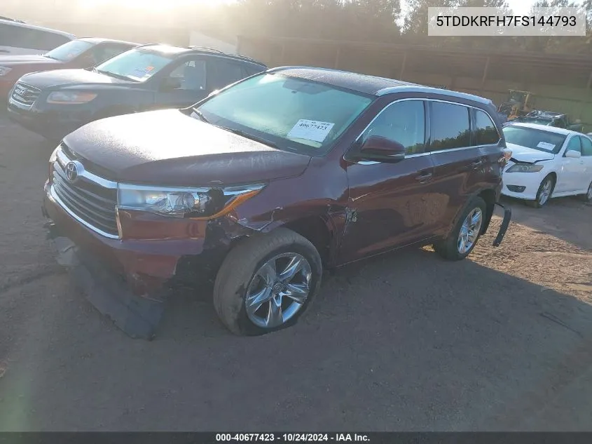 2015 Toyota Highlander Limited V6 VIN: 5TDDKRFH7FS144793 Lot: 40677423