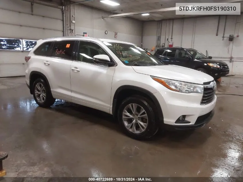 2015 Toyota Highlander Xle V6 VIN: 5TDJKRFH0FS190310 Lot: 40722689