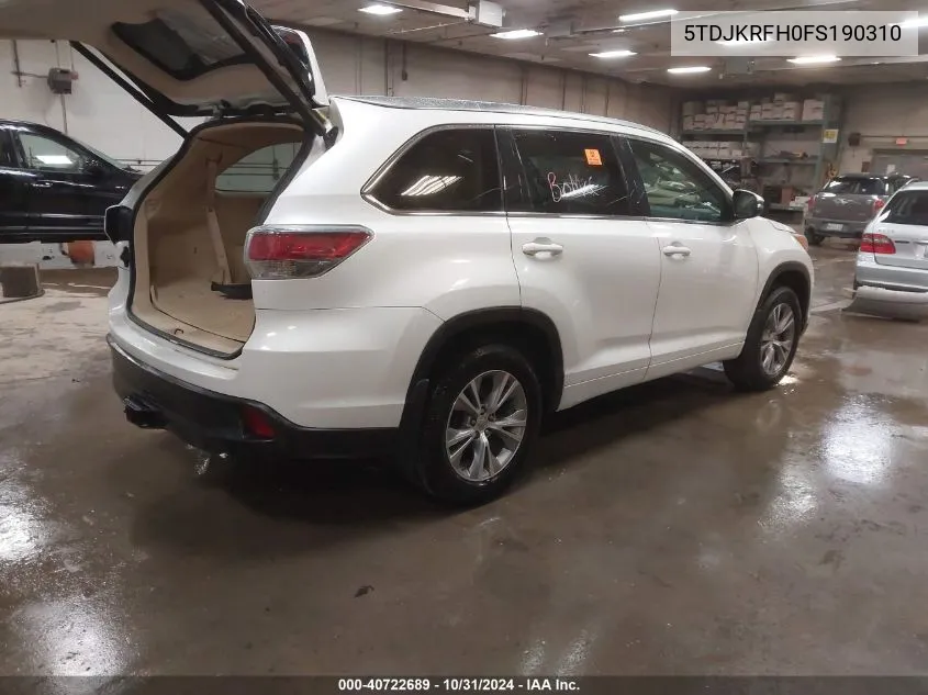 2015 Toyota Highlander Xle V6 VIN: 5TDJKRFH0FS190310 Lot: 40722689