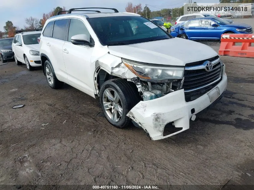 2015 Toyota Highlander Limited V6 VIN: 5TDDKRFH0FS149818 Lot: 40751160