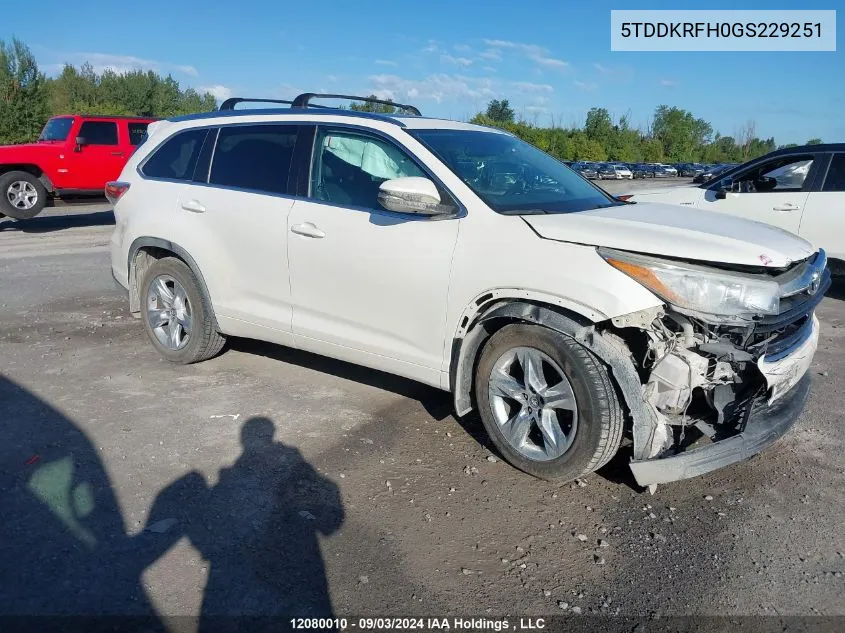 2016 Toyota Highlander Limited VIN: 5TDDKRFH0GS229251 Lot: 12080010