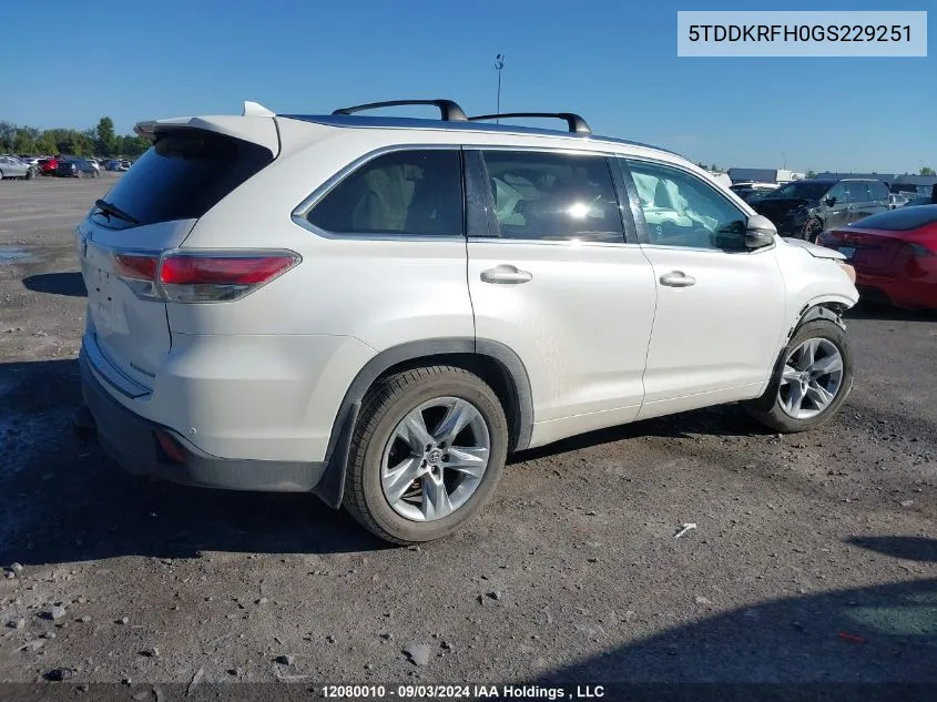 2016 Toyota Highlander Limited VIN: 5TDDKRFH0GS229251 Lot: 12080010