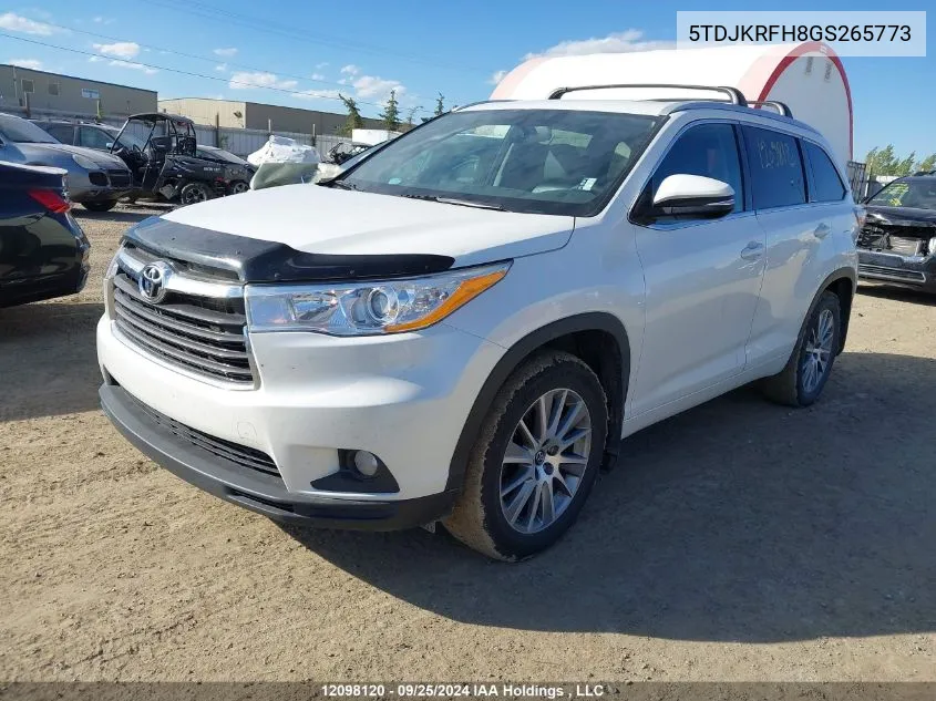 2016 Toyota Highlander Xle VIN: 5TDJKRFH8GS265773 Lot: 12098120