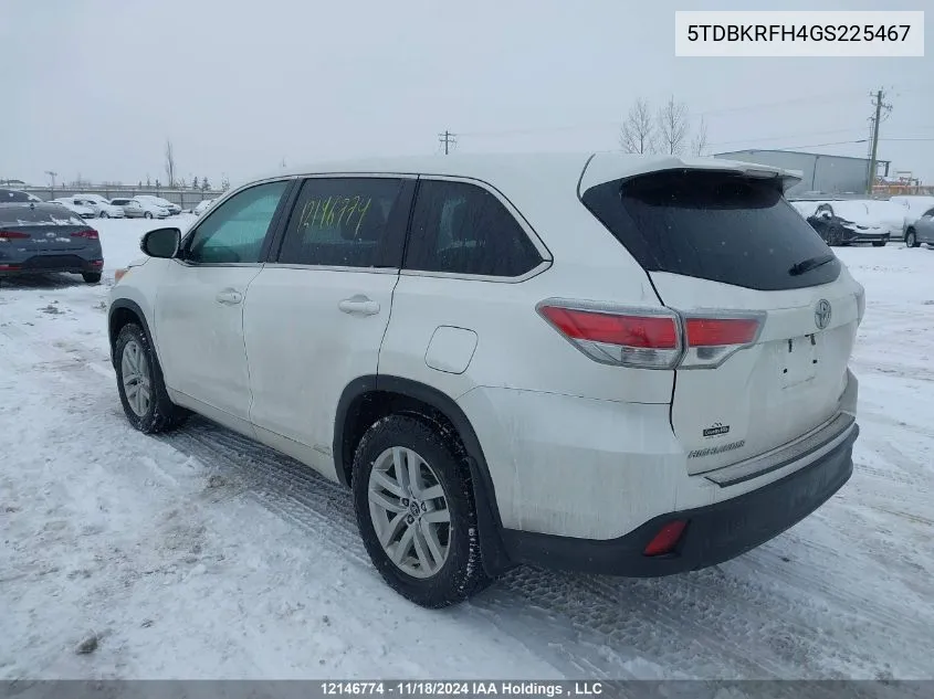 2016 Toyota Highlander Le VIN: 5TDBKRFH4GS225467 Lot: 12146774