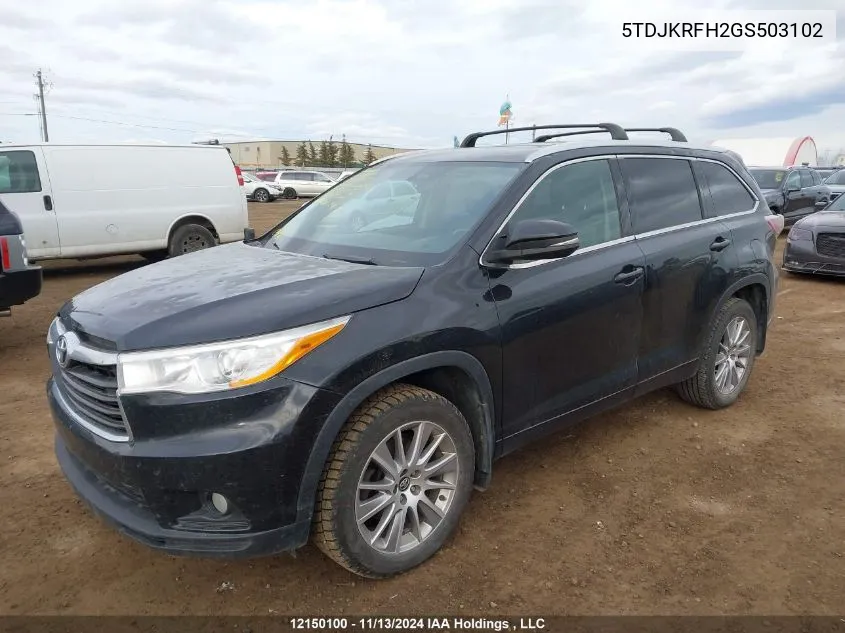 2016 Toyota Highlander Xle VIN: 5TDJKRFH2GS503102 Lot: 12150100