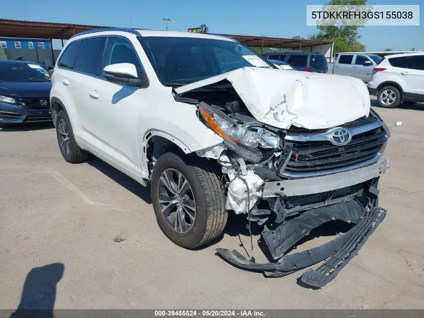 2016 Toyota Highlander Xle V6 VIN: 5TDKKRFH3GS155038 Lot: 39455524