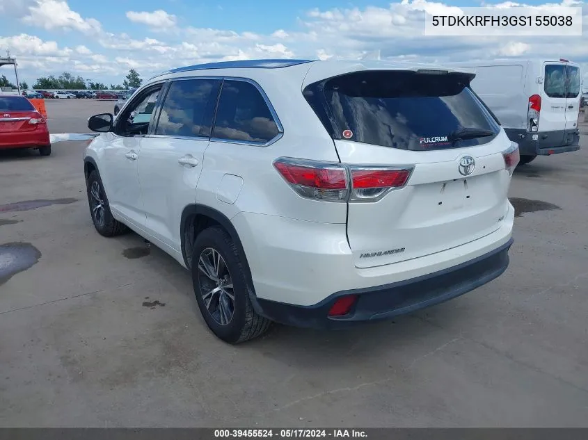 2016 Toyota Highlander Xle V6 VIN: 5TDKKRFH3GS155038 Lot: 39455524