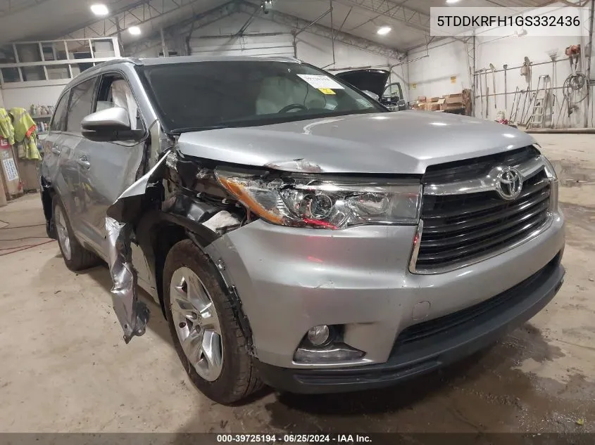 2016 Toyota Highlander Limited V6 VIN: 5TDDKRFH1GS332436 Lot: 39725194