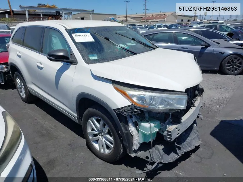 2016 Toyota Highlander Le V6 VIN: 5TDZKRFH2GS146863 Lot: 39966811