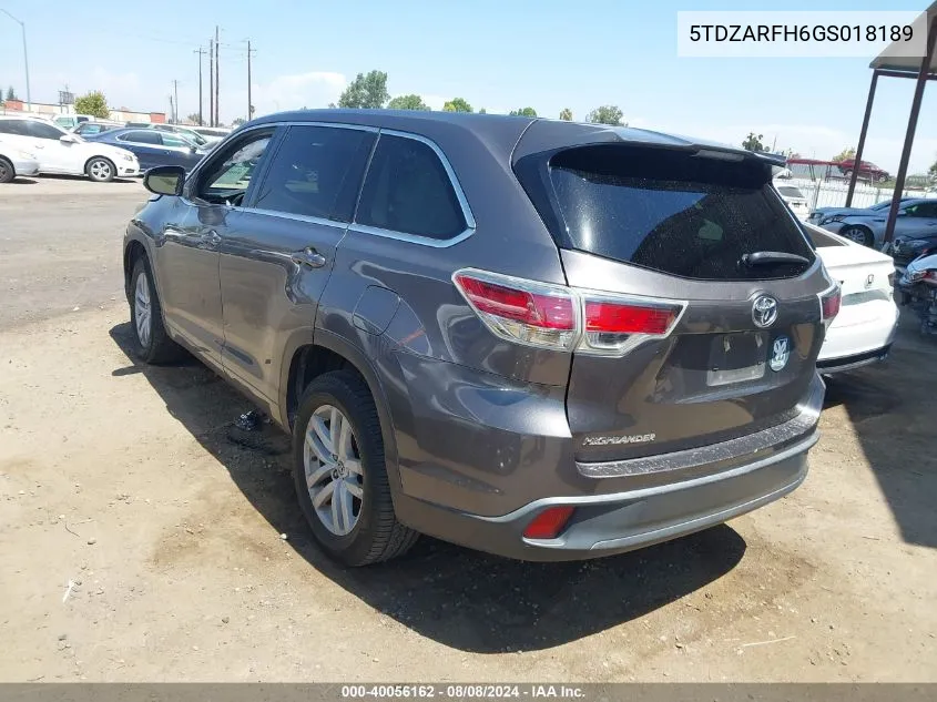 2016 Toyota Highlander Le VIN: 5TDZARFH6GS018189 Lot: 40056162