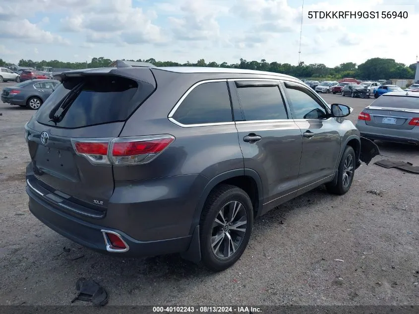 2016 Toyota Highlander Xle V6 VIN: 5TDKKRFH9GS156940 Lot: 40102243