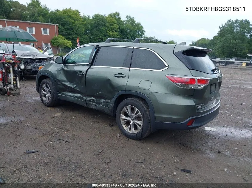 5TDBKRFH8GS318511 2016 Toyota Highlander Le Plus V6