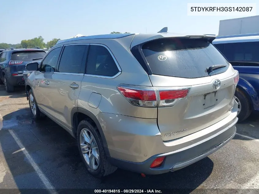 2016 Toyota Highlander Limited V6 VIN: 5TDYKRFH3GS142087 Lot: 40194815