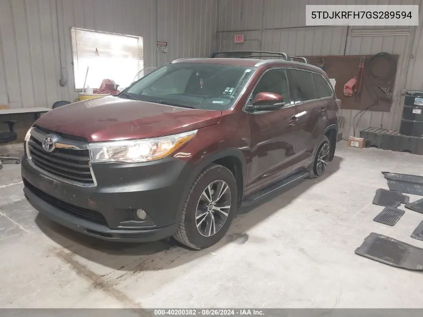 2016 Toyota Highlander Xle V6 VIN: 5TDJKRFH7GS289594 Lot: 40200382