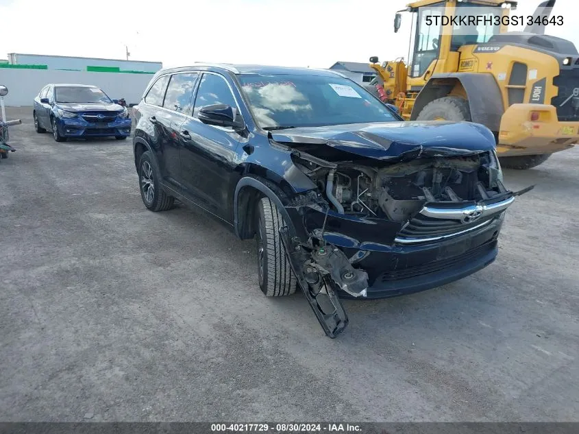 2016 Toyota Highlander Xle V6 VIN: 5TDKKRFH3GS134643 Lot: 40217729