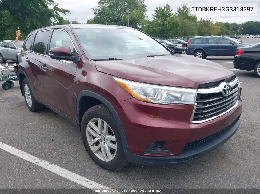 2016 Toyota Highlander Le V6 VIN: 5TDBKRFH3GS318397 Lot: 40225725