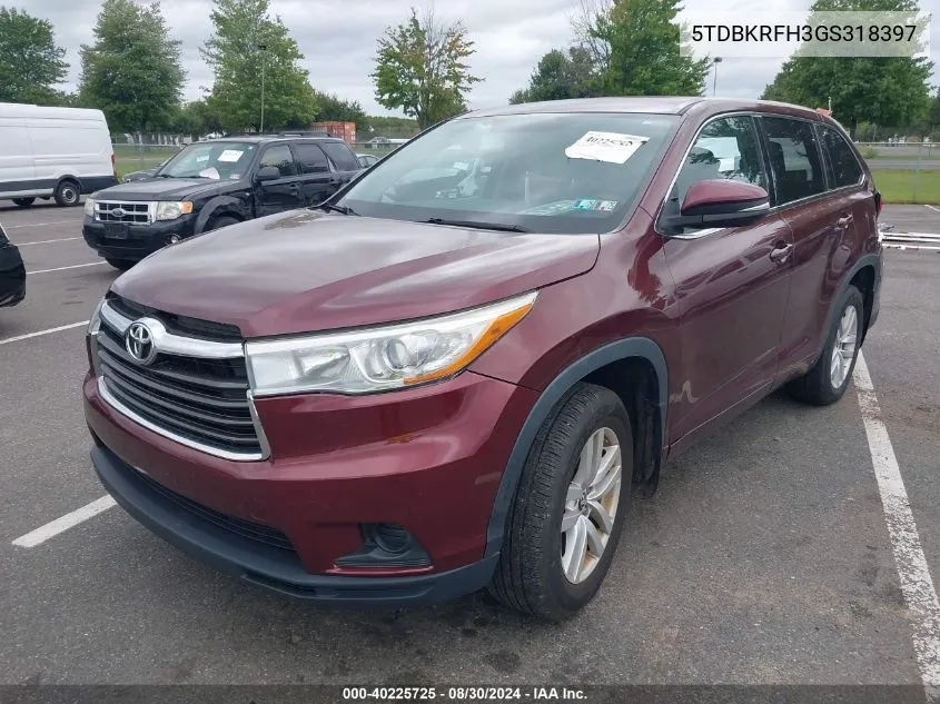 2016 Toyota Highlander Le V6 VIN: 5TDBKRFH3GS318397 Lot: 40225725