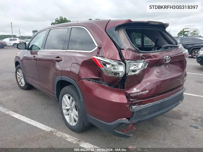 2016 Toyota Highlander Le V6 VIN: 5TDBKRFH3GS318397 Lot: 40225725