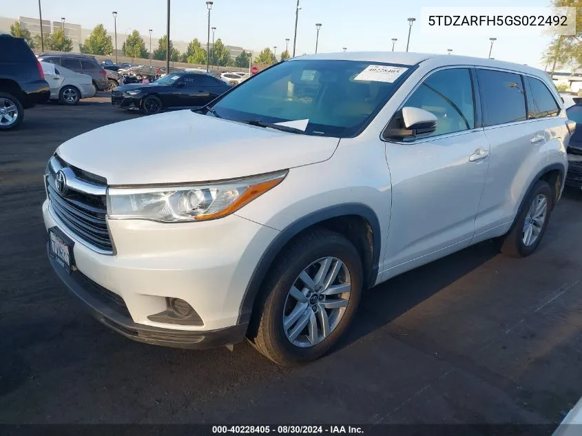 2016 Toyota Highlander Le VIN: 5TDZARFH5GS022492 Lot: 40228405