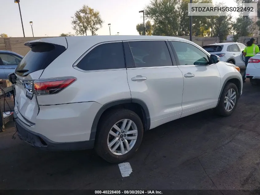 2016 Toyota Highlander Le VIN: 5TDZARFH5GS022492 Lot: 40228405