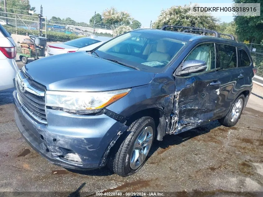 2016 Toyota Highlander Limited V6 VIN: 5TDDKRFH0GS318916 Lot: 40228740