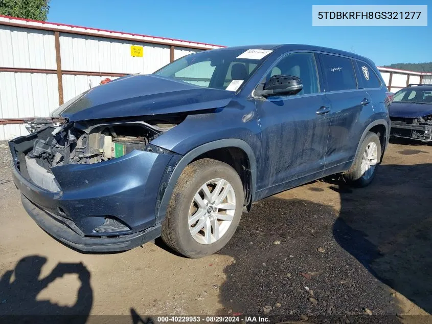 2016 Toyota Highlander Le V6 VIN: 5TDBKRFH8GS321277 Lot: 40229953