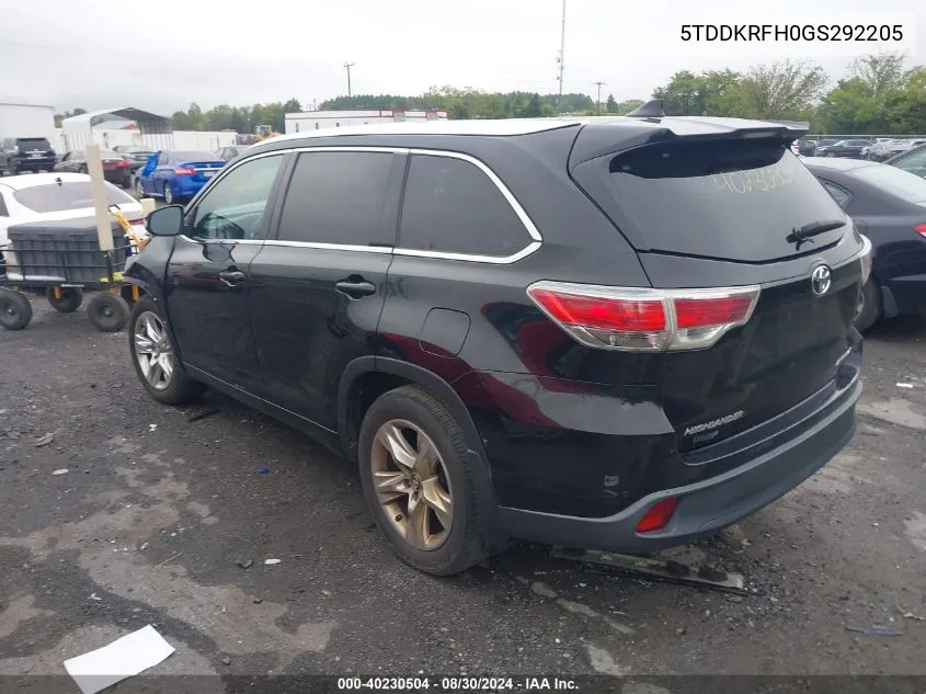 2016 Toyota Highlander Limited V6 VIN: 5TDDKRFH0GS292205 Lot: 40230504