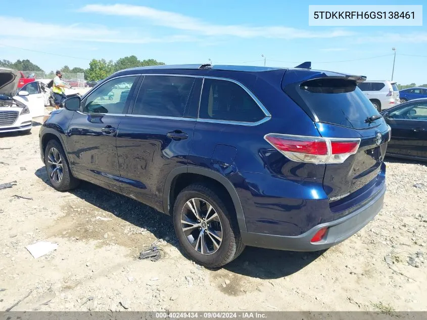 2016 Toyota Highlander Xle V6 VIN: 5TDKKRFH6GS138461 Lot: 40249434