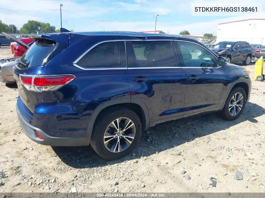 2016 Toyota Highlander Xle V6 VIN: 5TDKKRFH6GS138461 Lot: 40249434